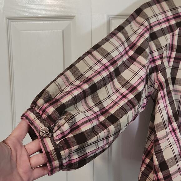 Nori Women's Pink & Brown Plaid Button Front Cropped Puff Sleeve Jacket Size LG - Picture 4 of 10